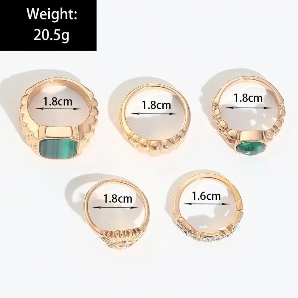 *XOEY* 5-Pc Gold x Green Gem Fashion Ring Set